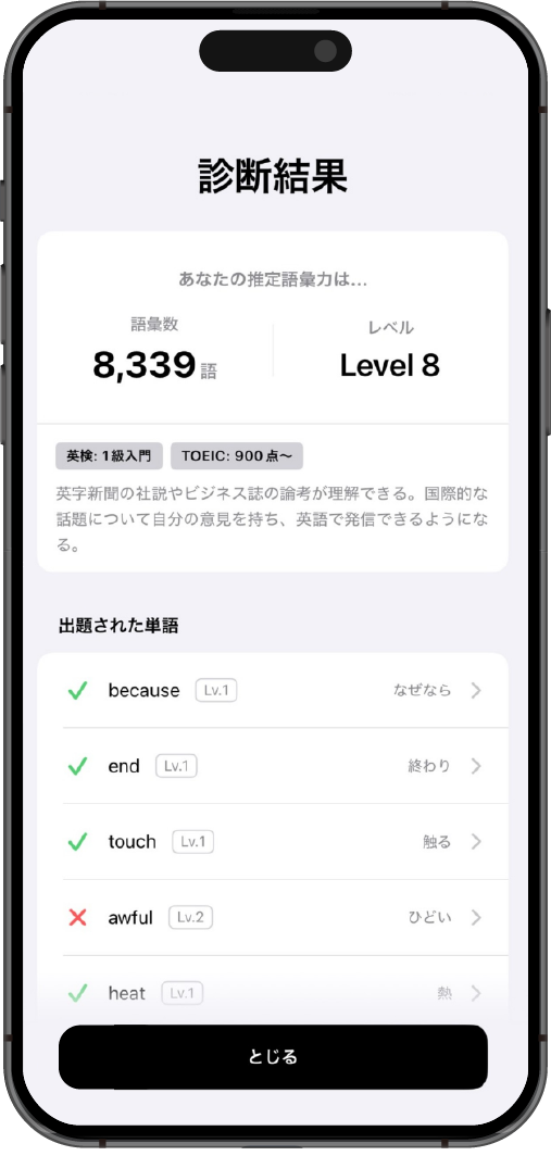 語彙力診断結果画面